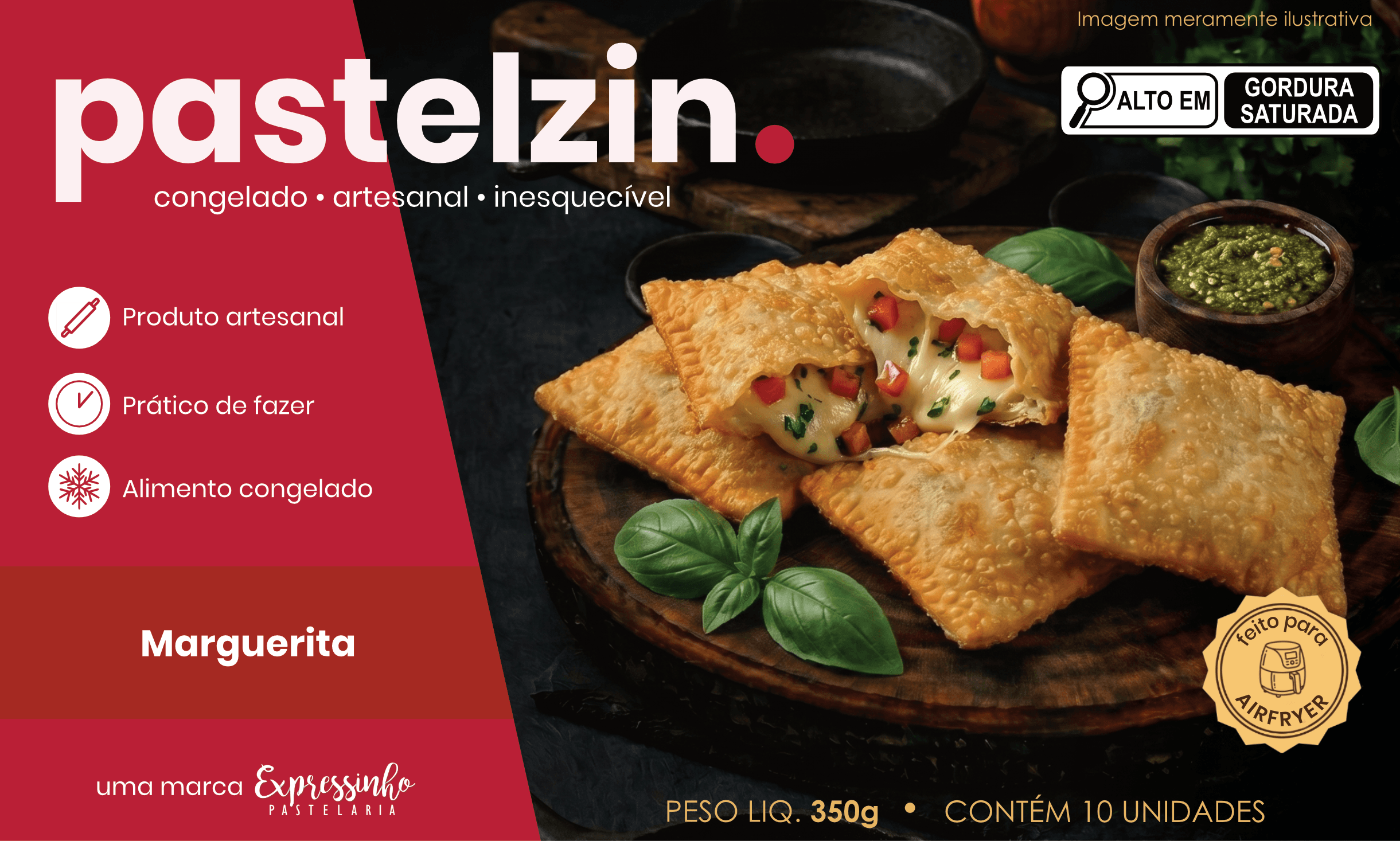 Caixa do mini pastel Marguerita da Pastelzin — mussarela, tomate e manjericão