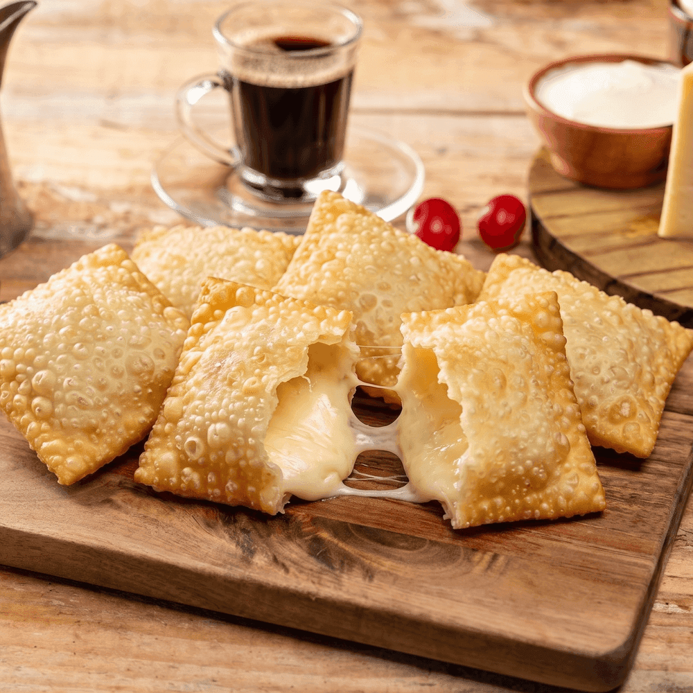 Mini pastel de queijo frito com mussarela derretendo
